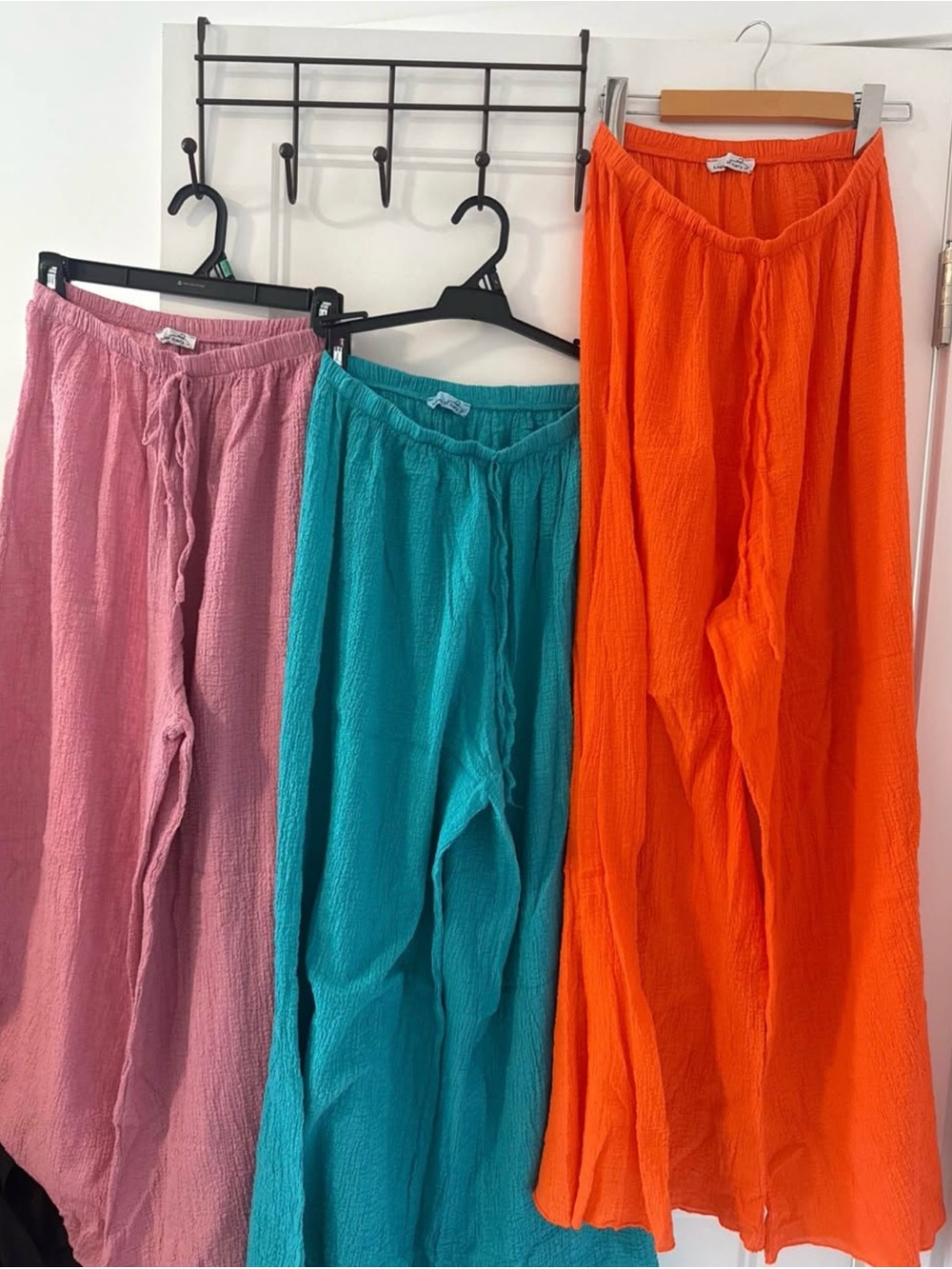 Lightweight Crinkle Wide-Leg Pants - Pink, Teal, Orange 3 Pants Summer Cotton